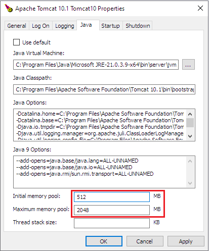 Apache Tomcat memory settings